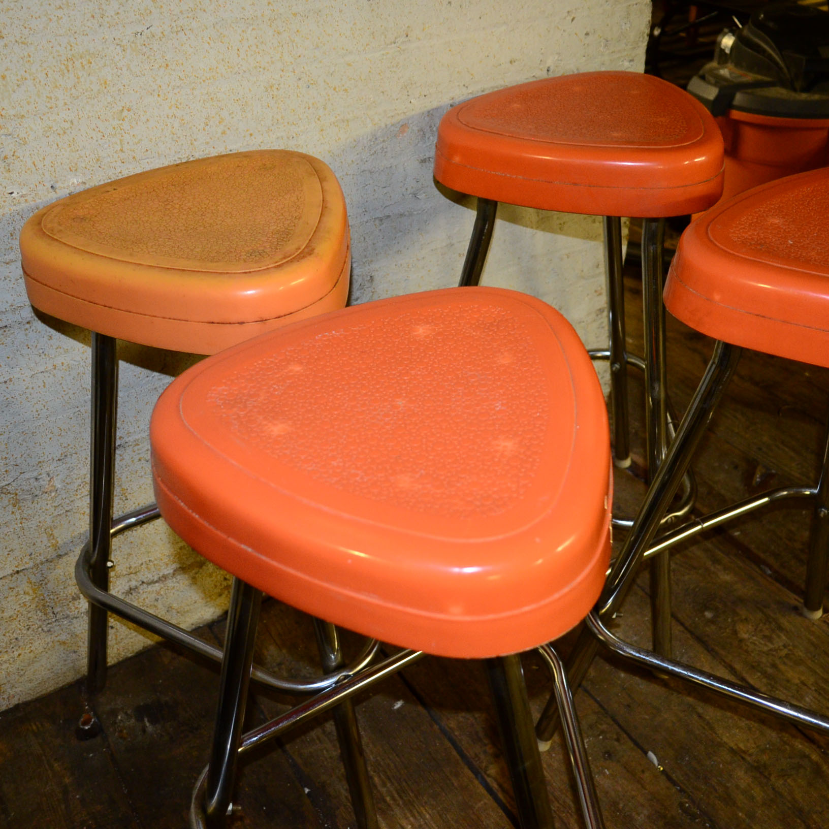 Circa 1950s Retro Snyder Orange Plastic and Chrome Bar Stools