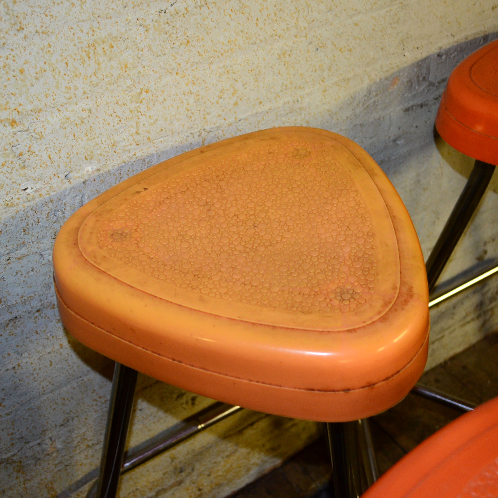 Circa 1950s Retro Snyder Orange Plastic and Chrome Bar Stools
