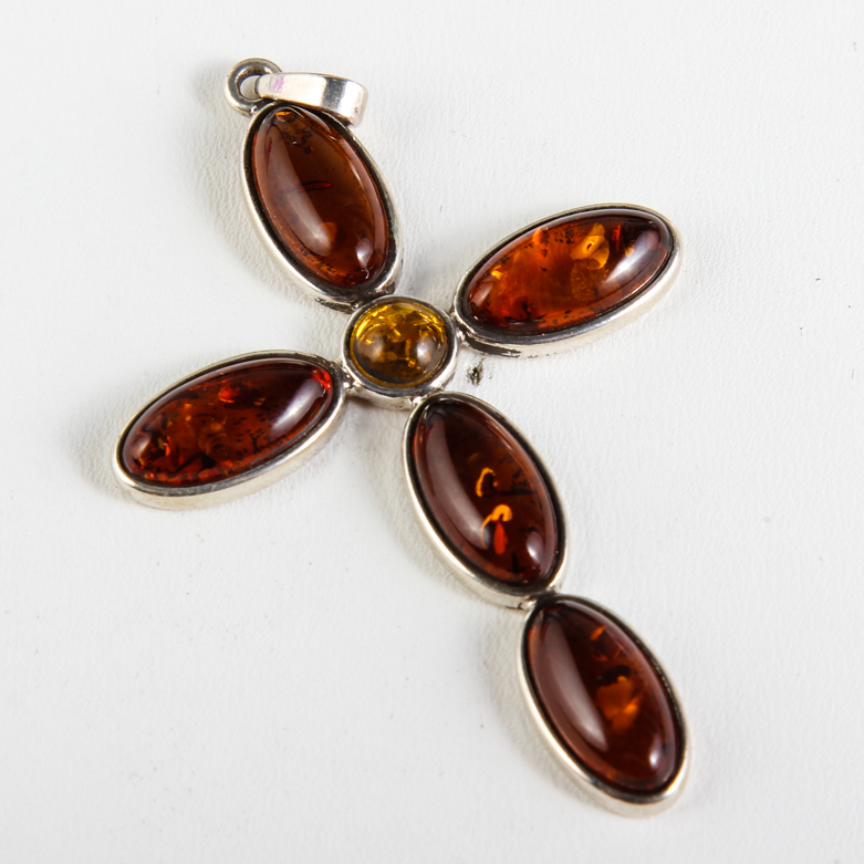 Sterling Silver and Amber Cross Pendant
