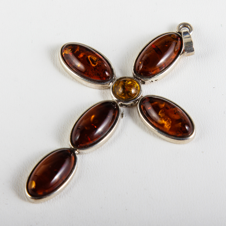 Sterling Silver and Amber Cross Pendant