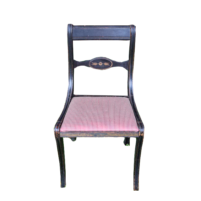 Antique Stained Wood Chair with Striped Upholstery