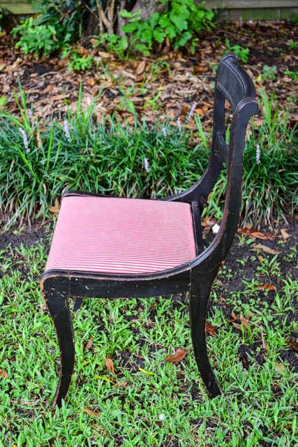 Antique Stained Wood Chair with Striped Upholstery