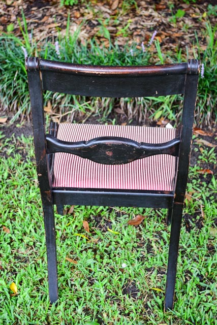 Antique Stained Wood Chair with Striped Upholstery