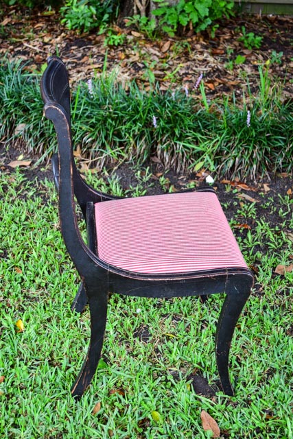 Antique Stained Wood Chair with Striped Upholstery
