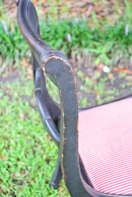 Antique Stained Wood Chair with Striped Upholstery