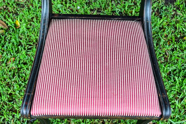 Antique Stained Wood Chair with Striped Upholstery