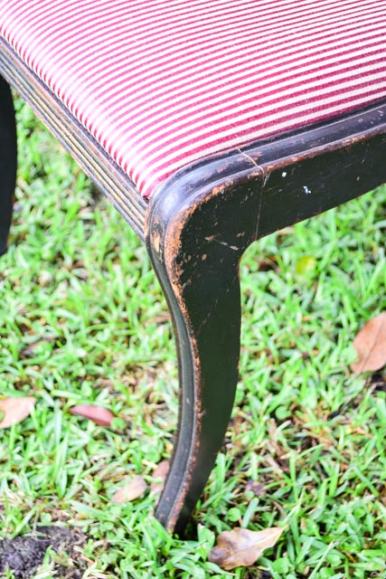 Antique Stained Wood Chair with Striped Upholstery