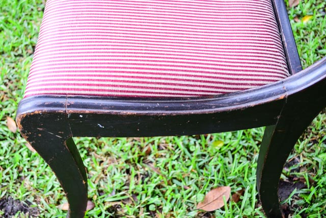 Antique Stained Wood Chair with Striped Upholstery
