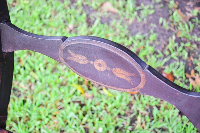 Antique Stained Wood Chair with Striped Upholstery