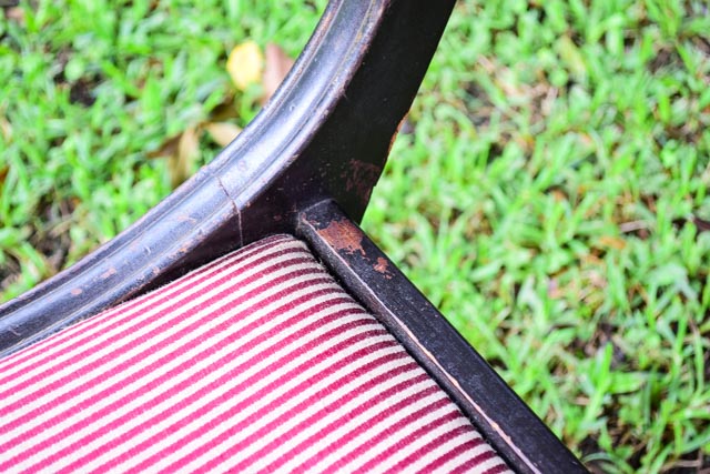Antique Stained Wood Chair with Striped Upholstery