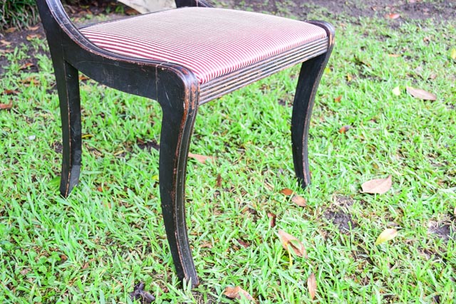 Antique Stained Wood Chair with Striped Upholstery