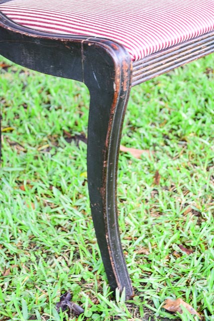 Antique Stained Wood Chair with Striped Upholstery