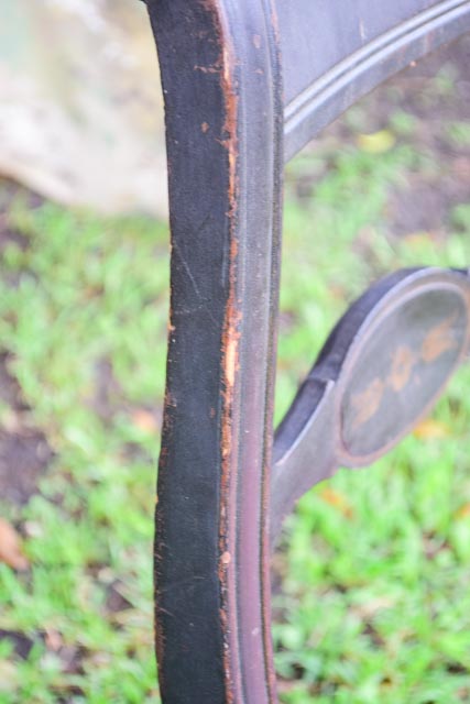 Antique Stained Wood Chair with Striped Upholstery