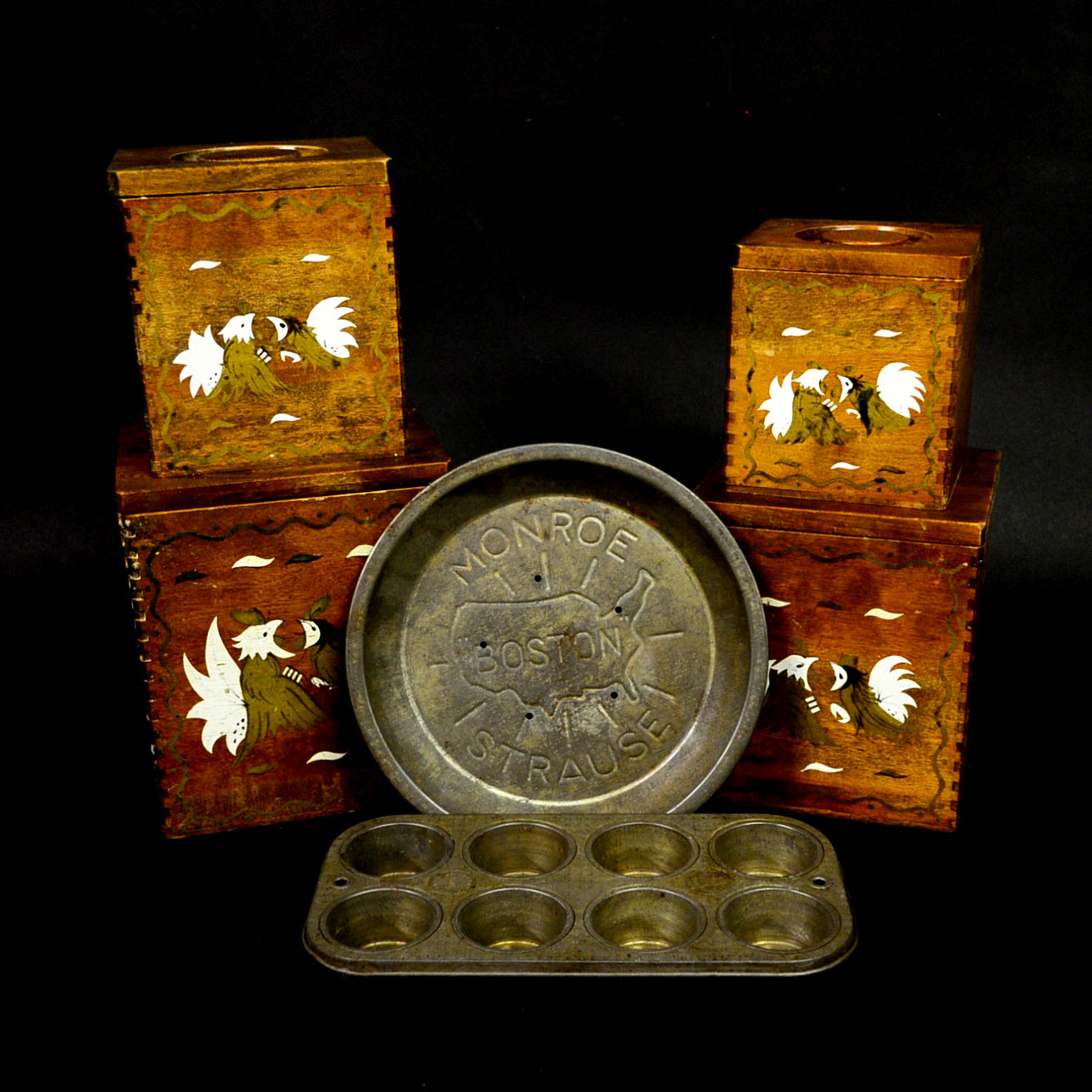 Collection of Wooden Canisters and Vintage Tin Bakeware