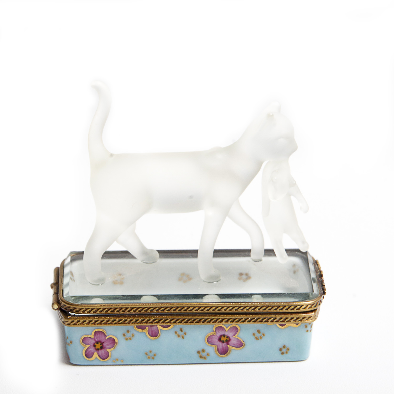 Rochard Limoges Porcelain Hand Painted Pill Box with Crystal Cat