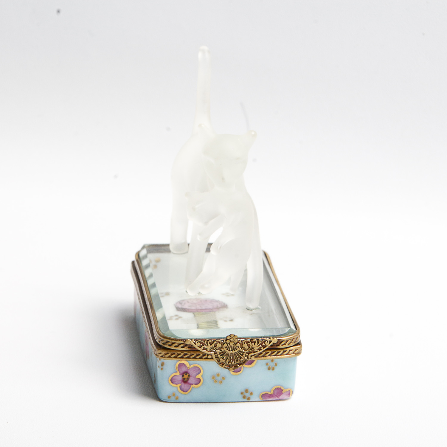 Rochard Limoges Porcelain Hand Painted Pill Box with Crystal Cat