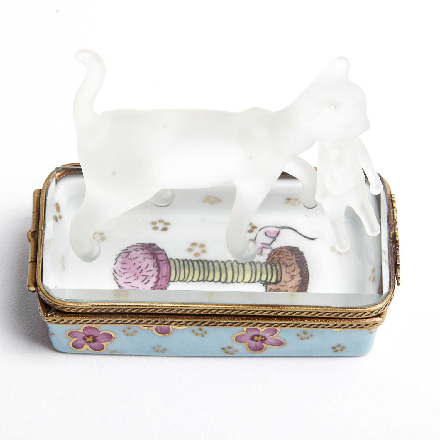 Rochard Limoges Porcelain Hand Painted Pill Box with Crystal Cat
