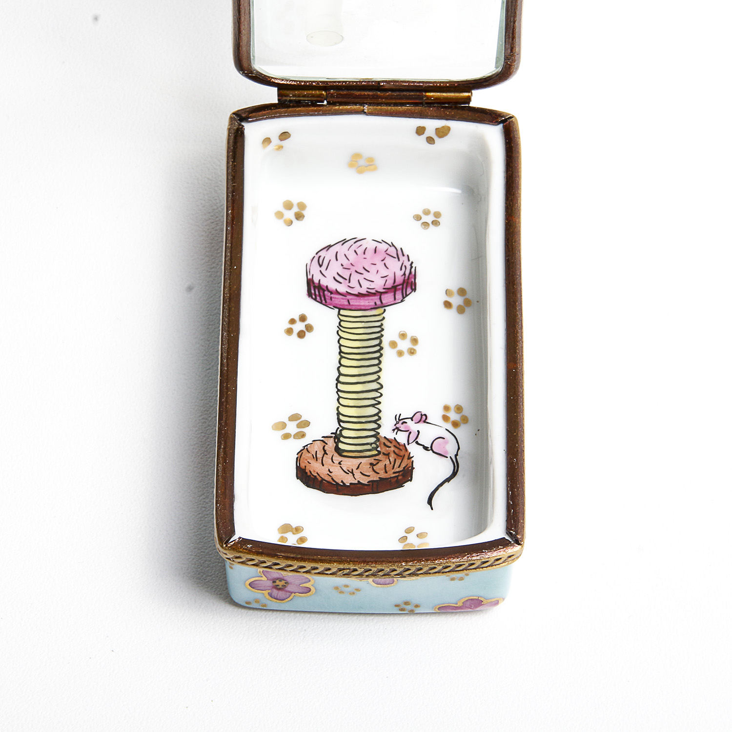 Rochard Limoges Porcelain Hand Painted Pill Box with Crystal Cat