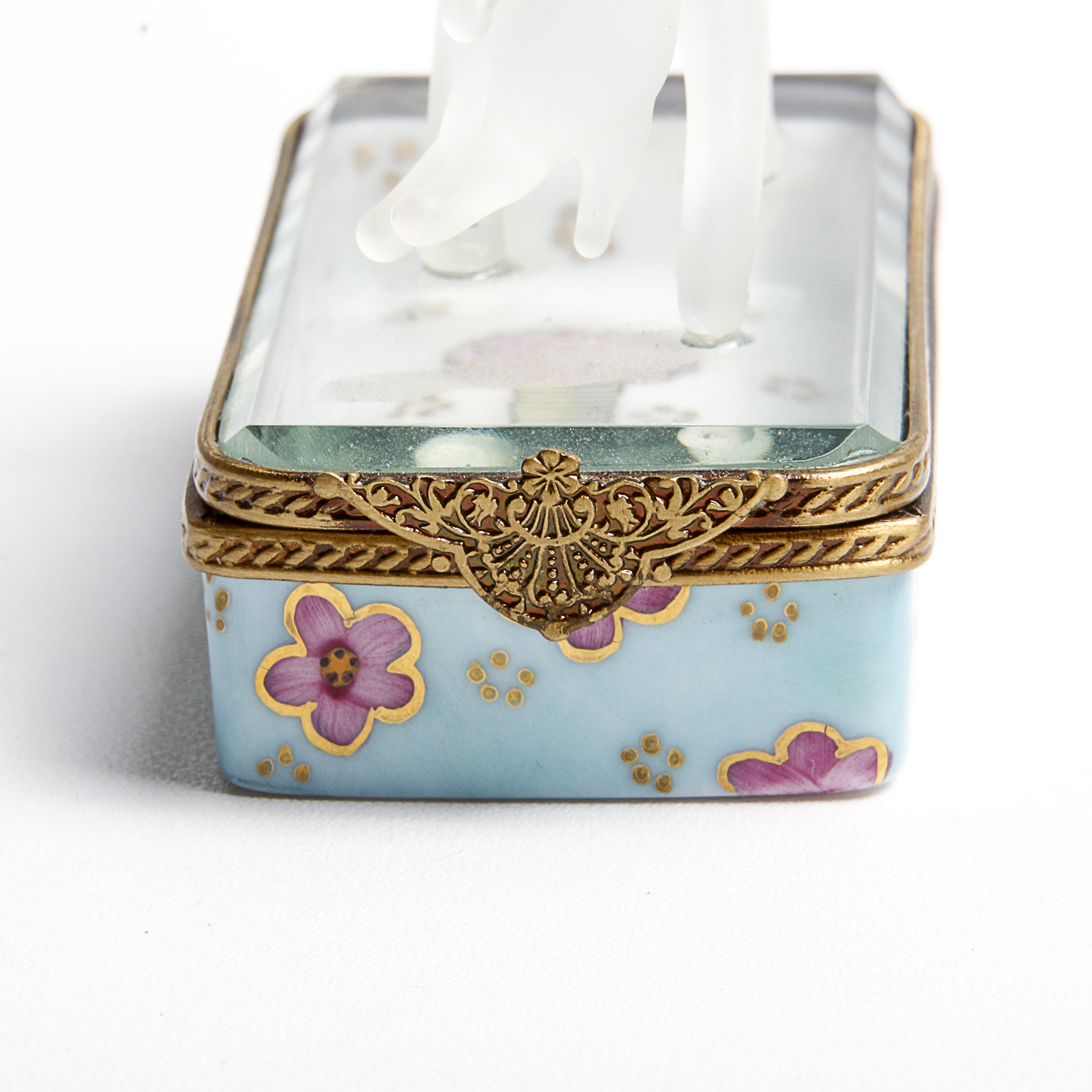 Rochard Limoges Porcelain Hand Painted Pill Box with Crystal Cat