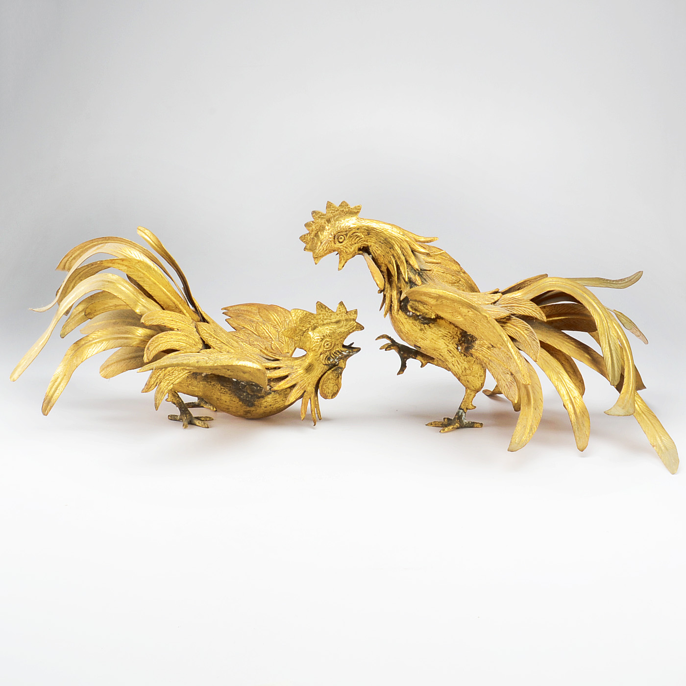 Pair of Gilt Metal Japanese Fighting Cocks