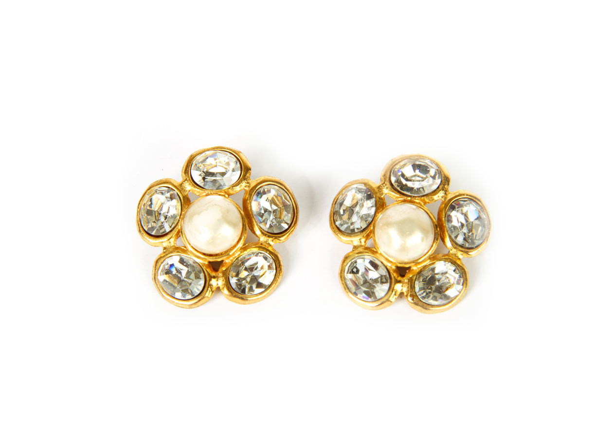 Vintage Chanel Faux Pearl and Crystal Clip-On Earrings