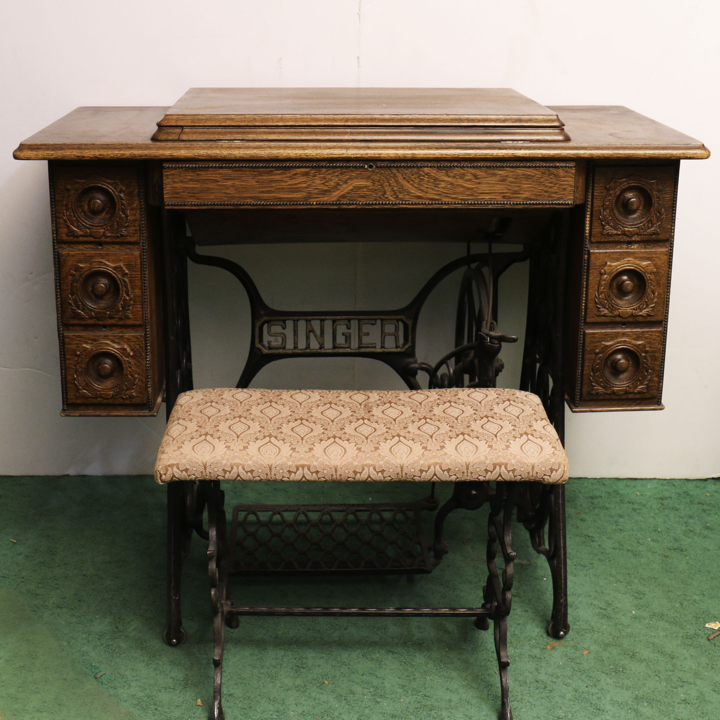Antique Singer Sewing Machine, Bench and Thimbles