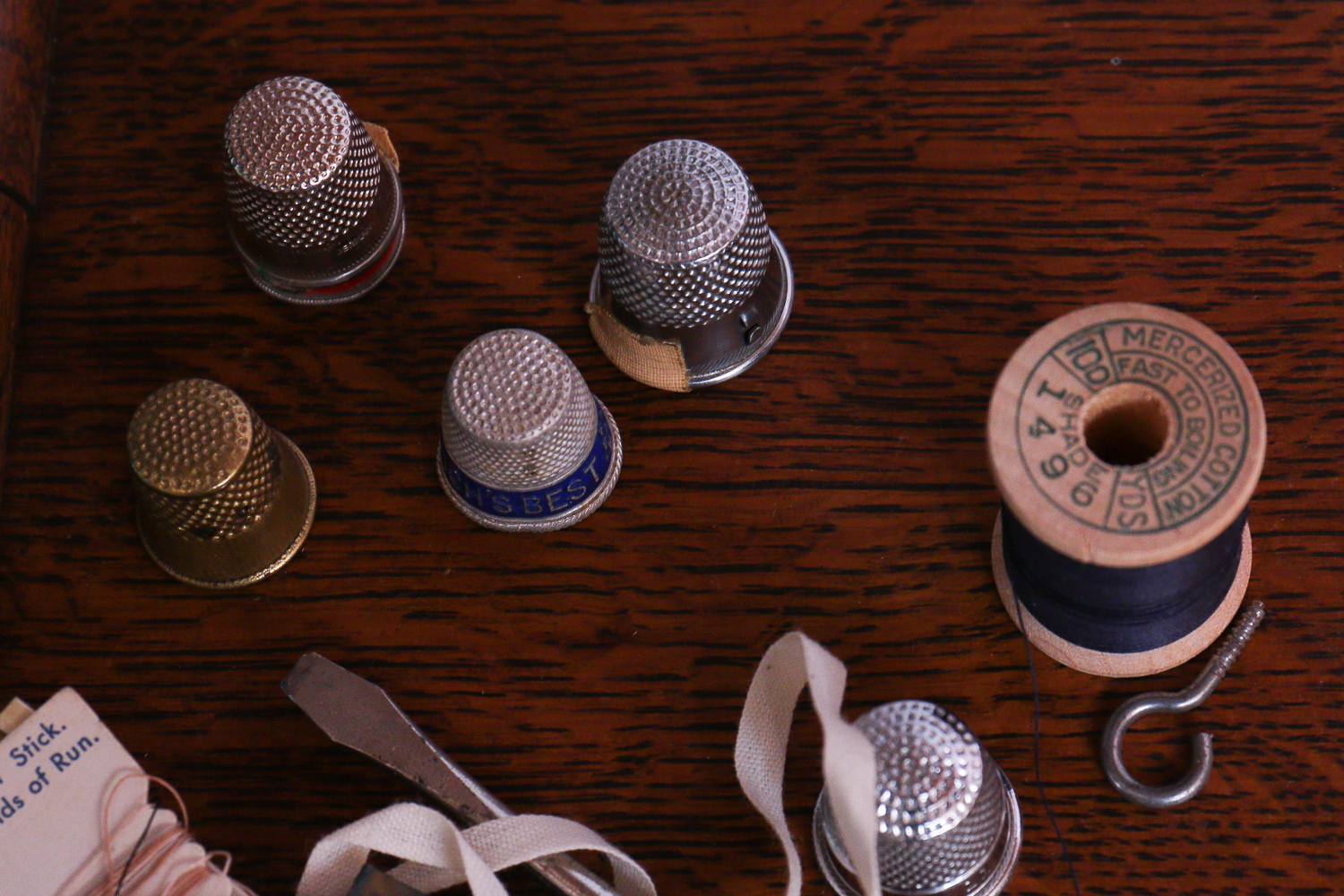 Antique Singer Sewing Machine, Bench and Thimbles