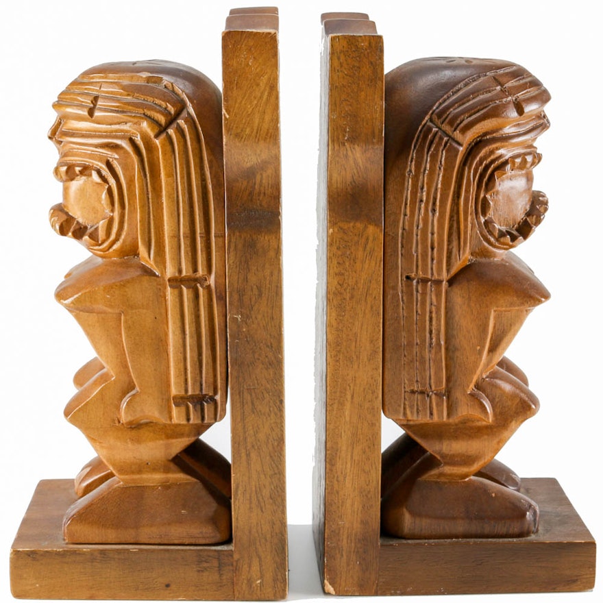 Pair of Tiki God Wooden Bookends