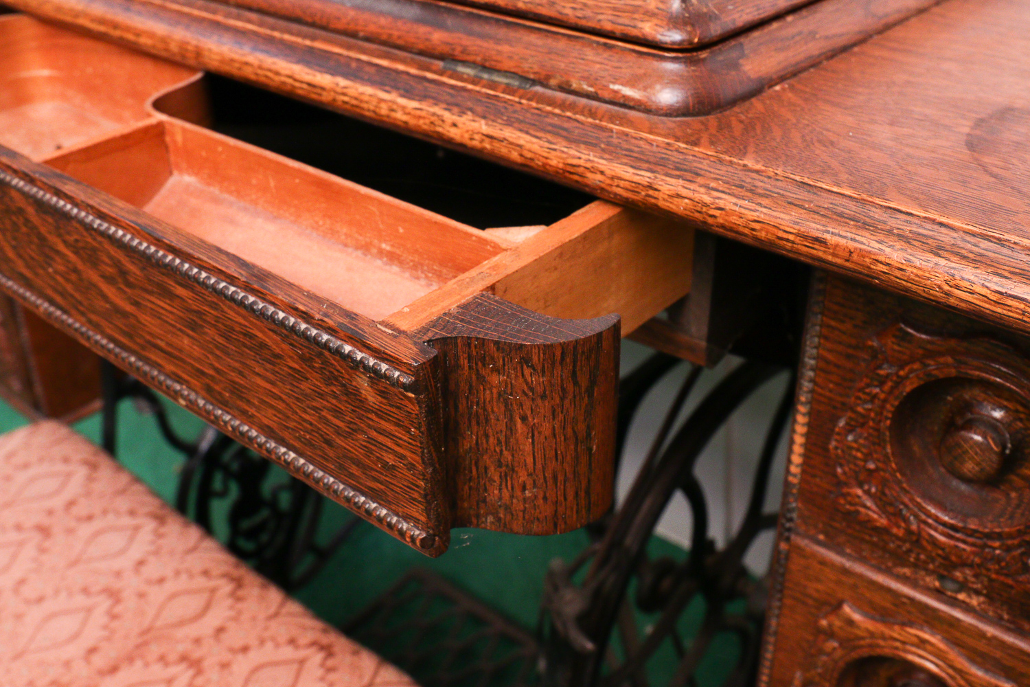 Antique Singer Sewing Machine, Bench and Thimbles