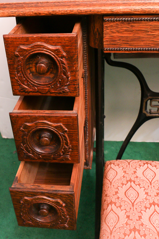 Antique Singer Sewing Machine, Bench and Thimbles