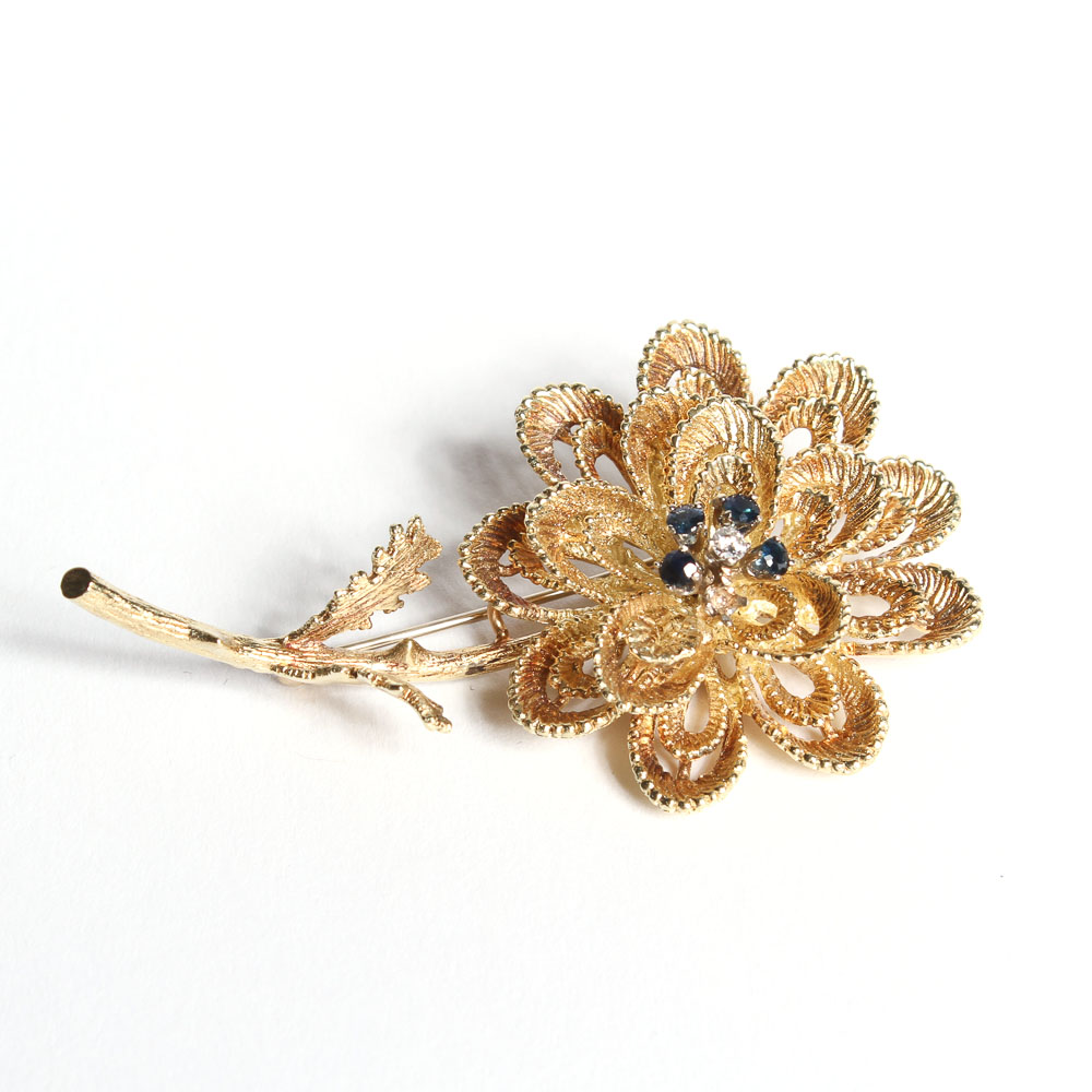 14K Gold Flower Brooch with Sapphires & Diamond