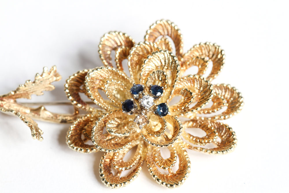 14K Gold Flower Brooch with Sapphires & Diamond