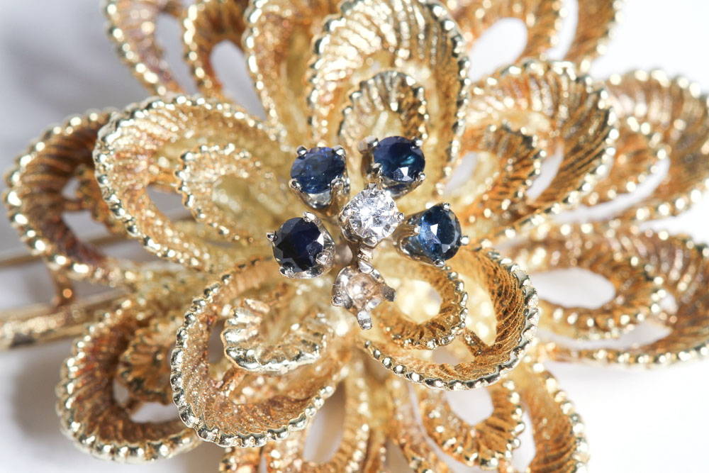 14K Gold Flower Brooch with Sapphires & Diamond