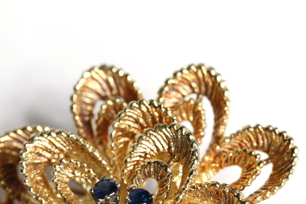 14K Gold Flower Brooch with Sapphires & Diamond
