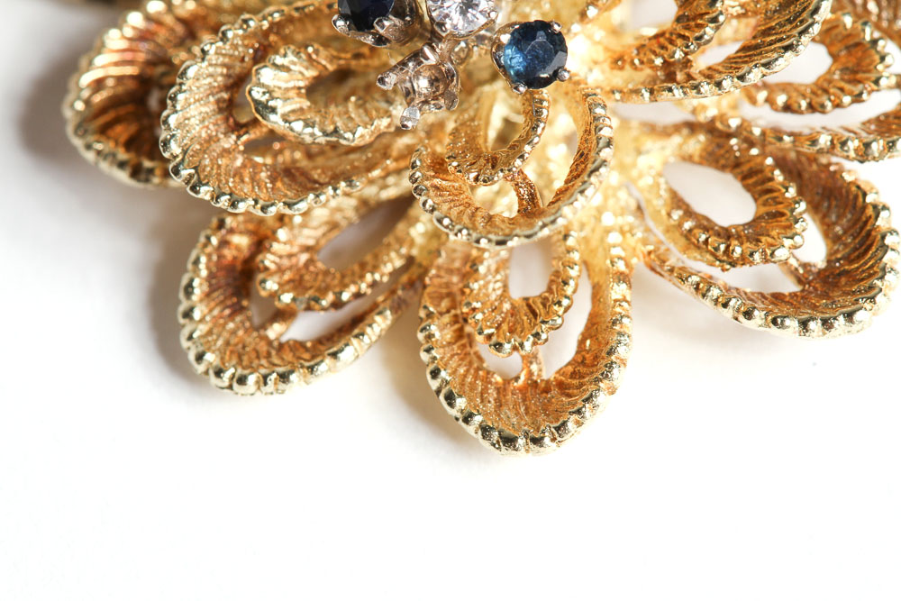 14K Gold Flower Brooch with Sapphires & Diamond