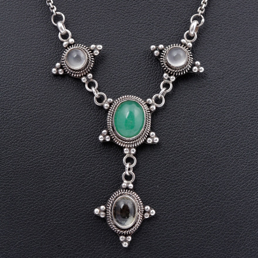 Sterling Silver Chrysoprase and Quartz Pendant Necklace