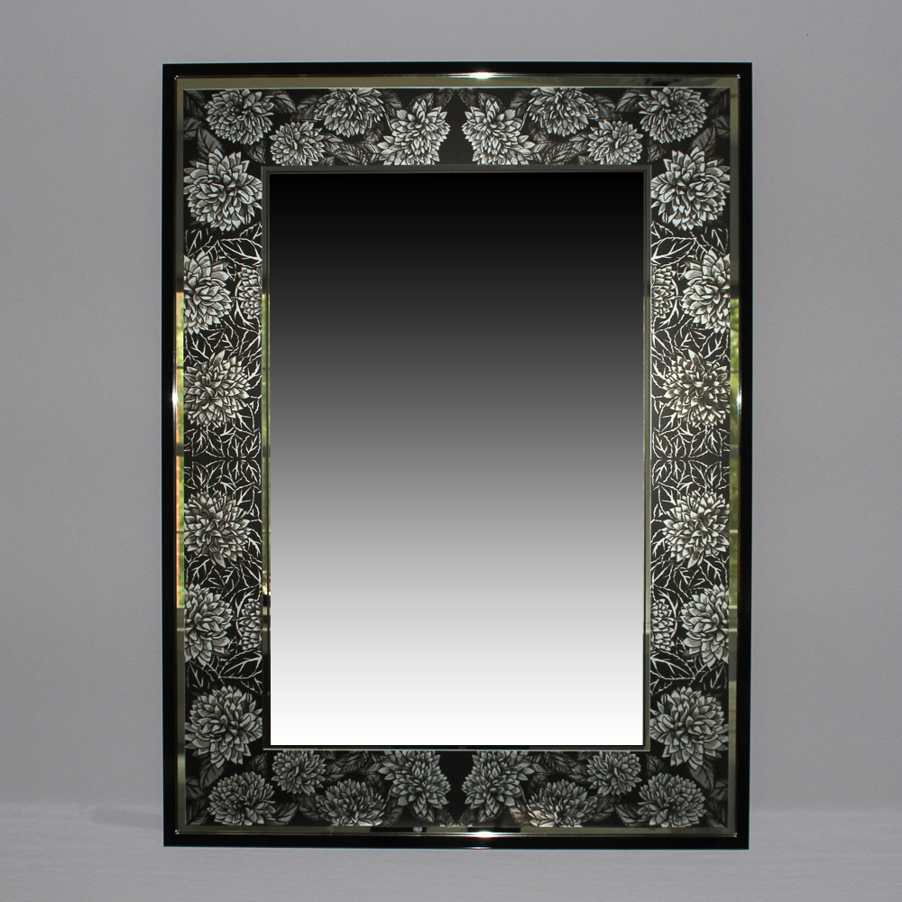 Wall Mirror with Black and Silver Tone Chrysanthemum Border