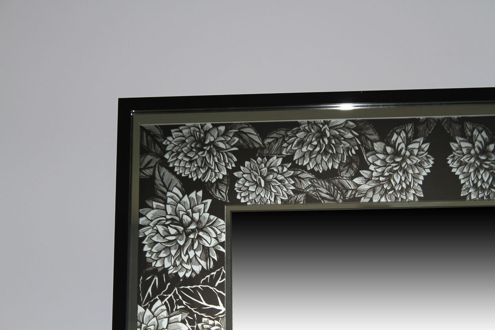 Wall Mirror with Black and Silver Tone Chrysanthemum Border