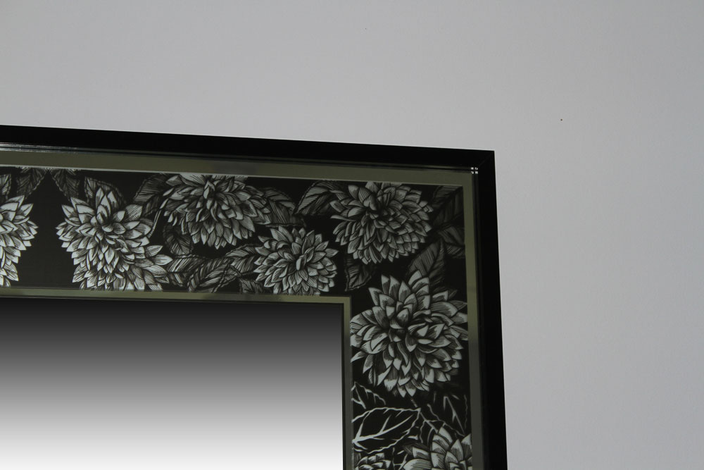 Wall Mirror with Black and Silver Tone Chrysanthemum Border