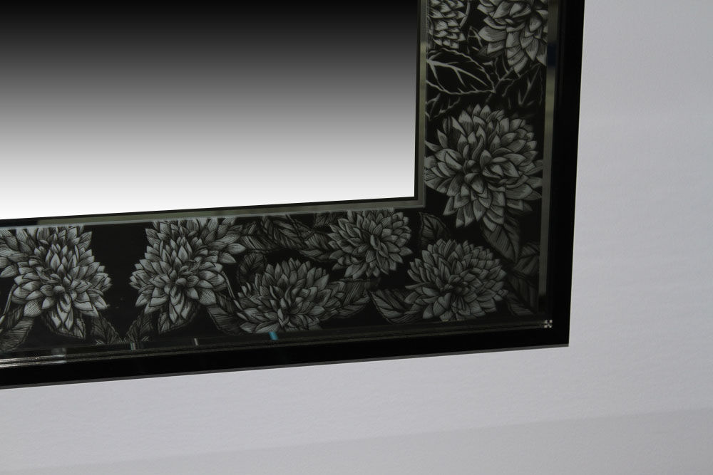 Wall Mirror with Black and Silver Tone Chrysanthemum Border