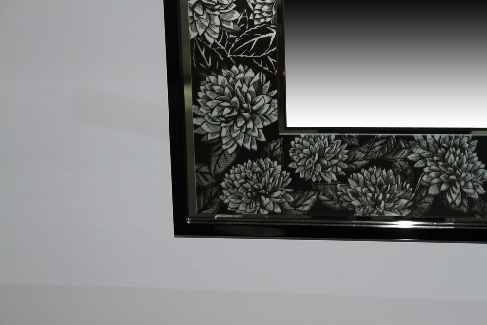 Wall Mirror with Black and Silver Tone Chrysanthemum Border