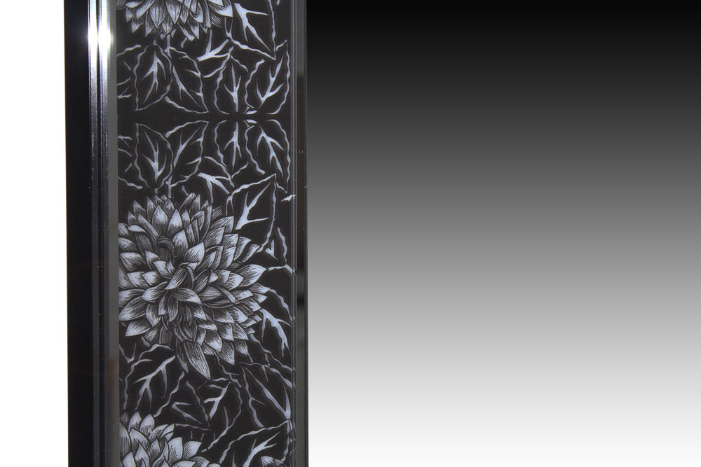 Wall Mirror with Black and Silver Tone Chrysanthemum Border