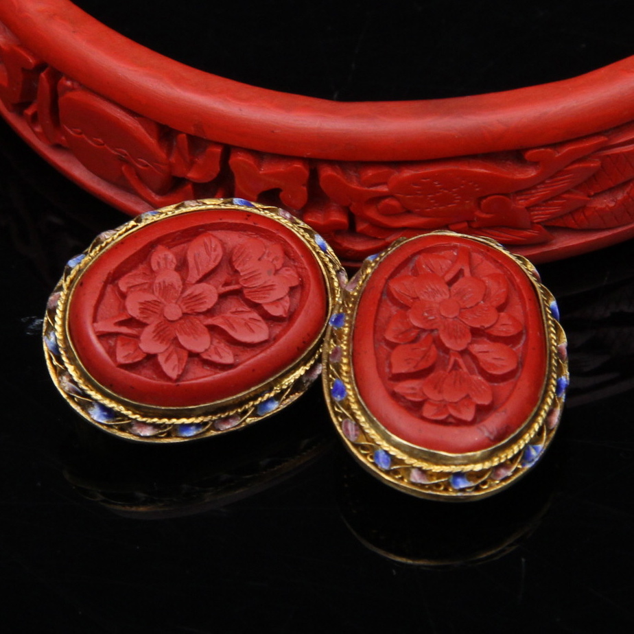 Pair of Carved Cinnabar Bangles and Earrings