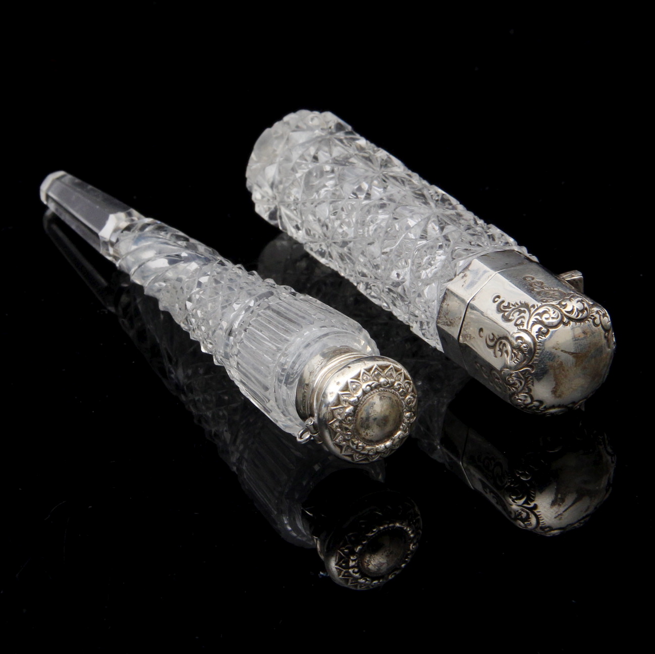 Two Antique Crystal Perfume Bottle with Sterling Lids