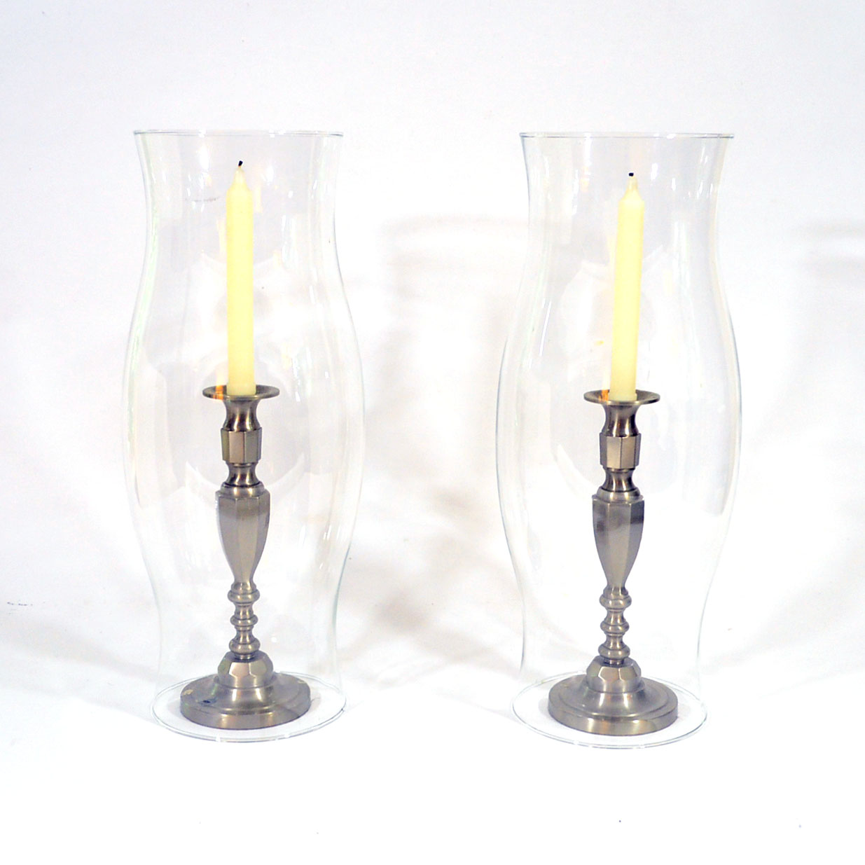 Pair of Baldwin Pewter Candlesticks & Hurricanes