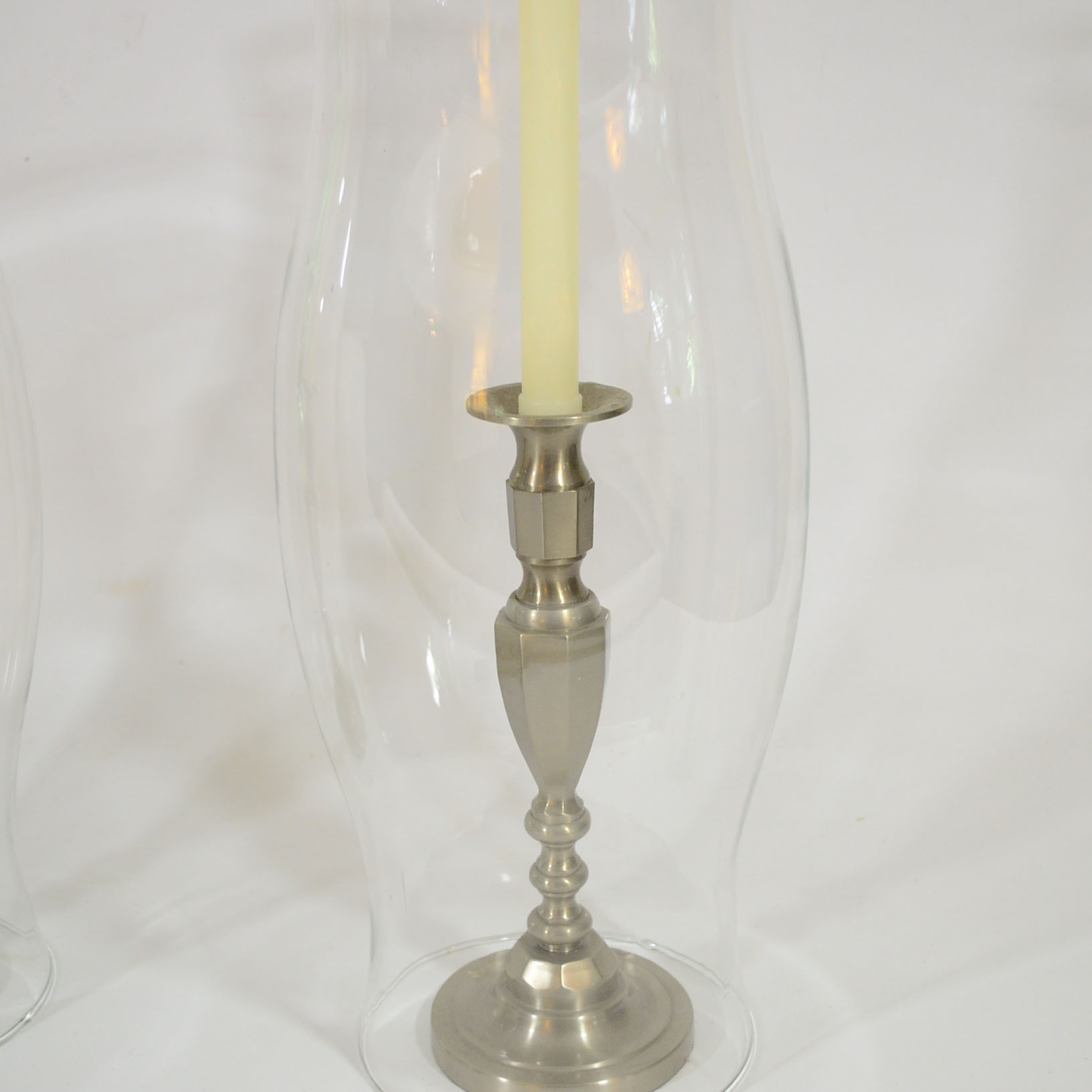 Pair of Baldwin Pewter Candlesticks & Hurricanes