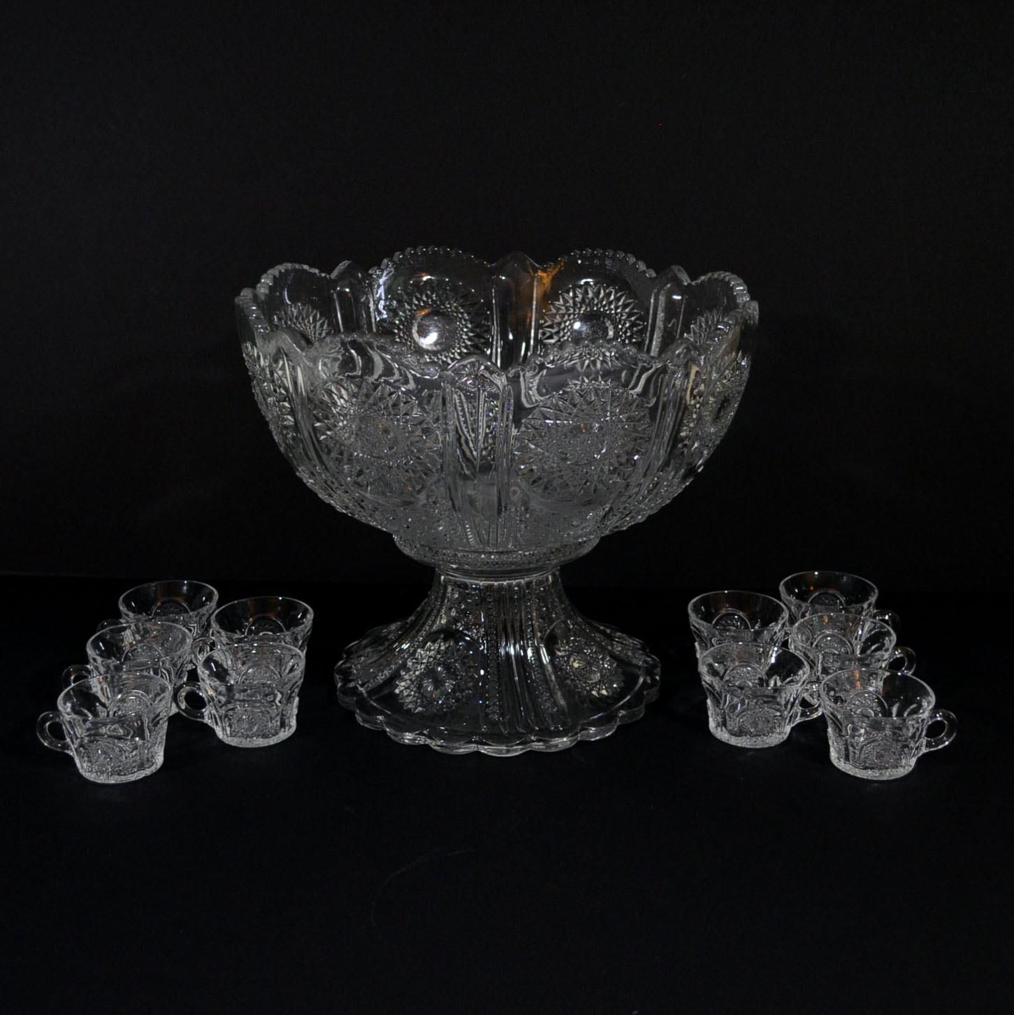 Antique Signed Heisey "Sunburst" Punch Bowl & Cups