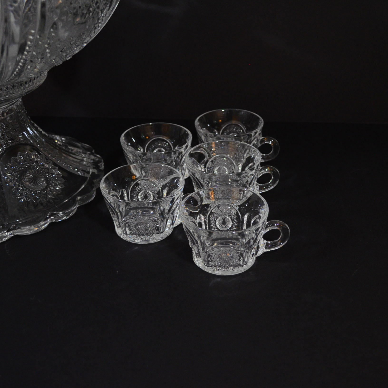 Antique Signed Heisey "Sunburst" Punch Bowl & Cups