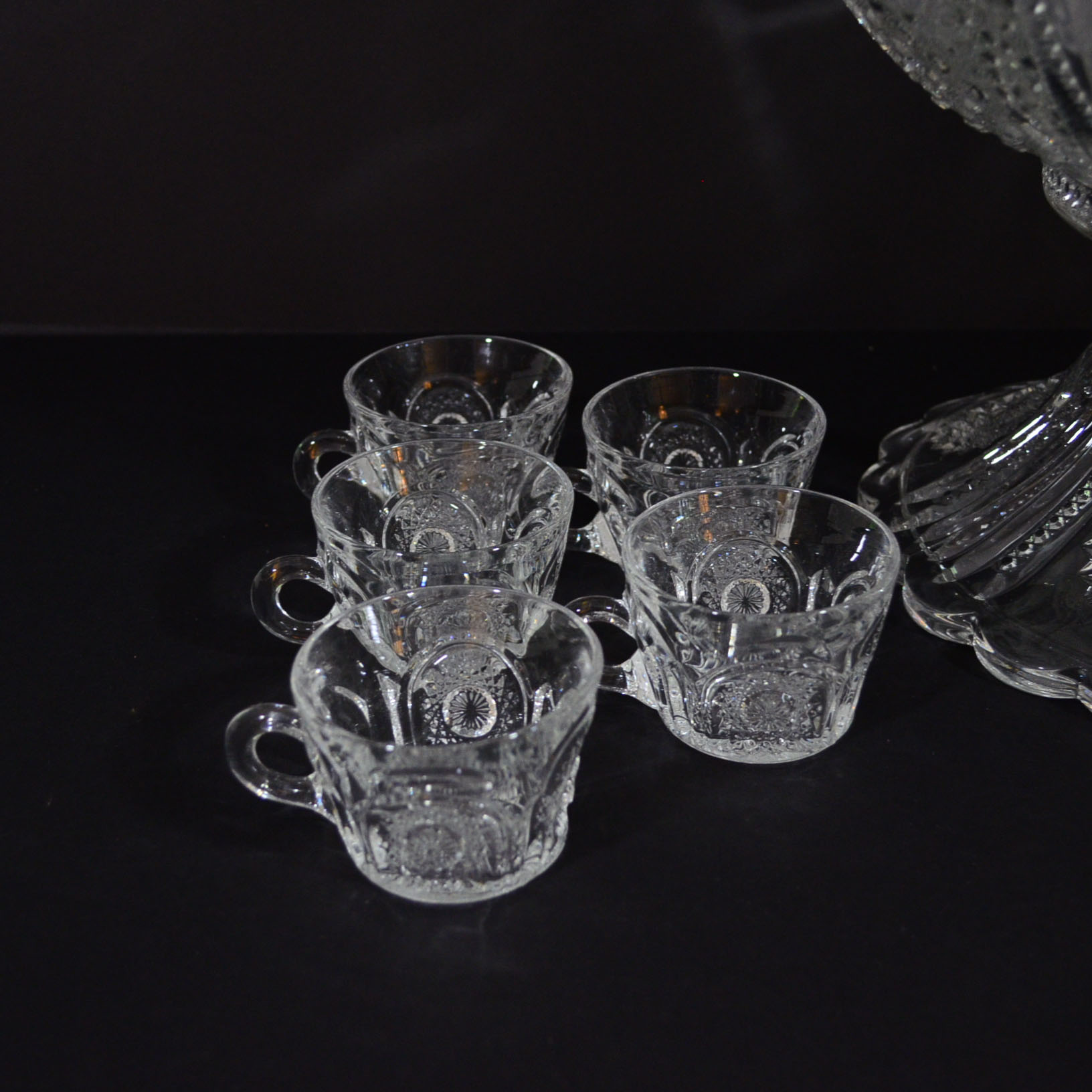 Antique Signed Heisey "Sunburst" Punch Bowl & Cups