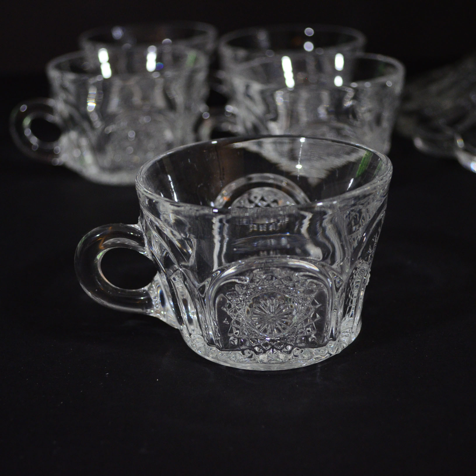 Antique Signed Heisey "Sunburst" Punch Bowl & Cups